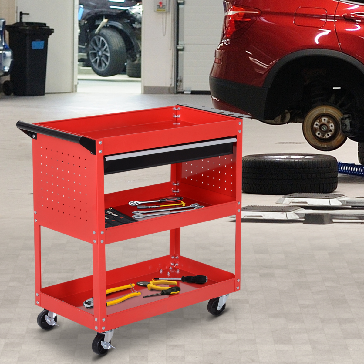 3-Tier Rolling Tool Trolley with Drawer & Lockable Wheels – Red