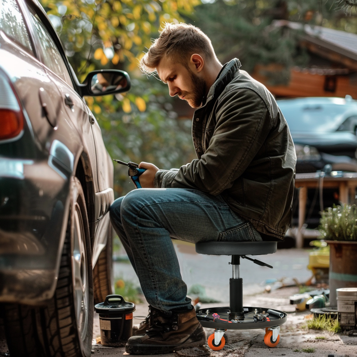 Adjustable Rolling Mechanic Stool with Tool Tray & Wheels