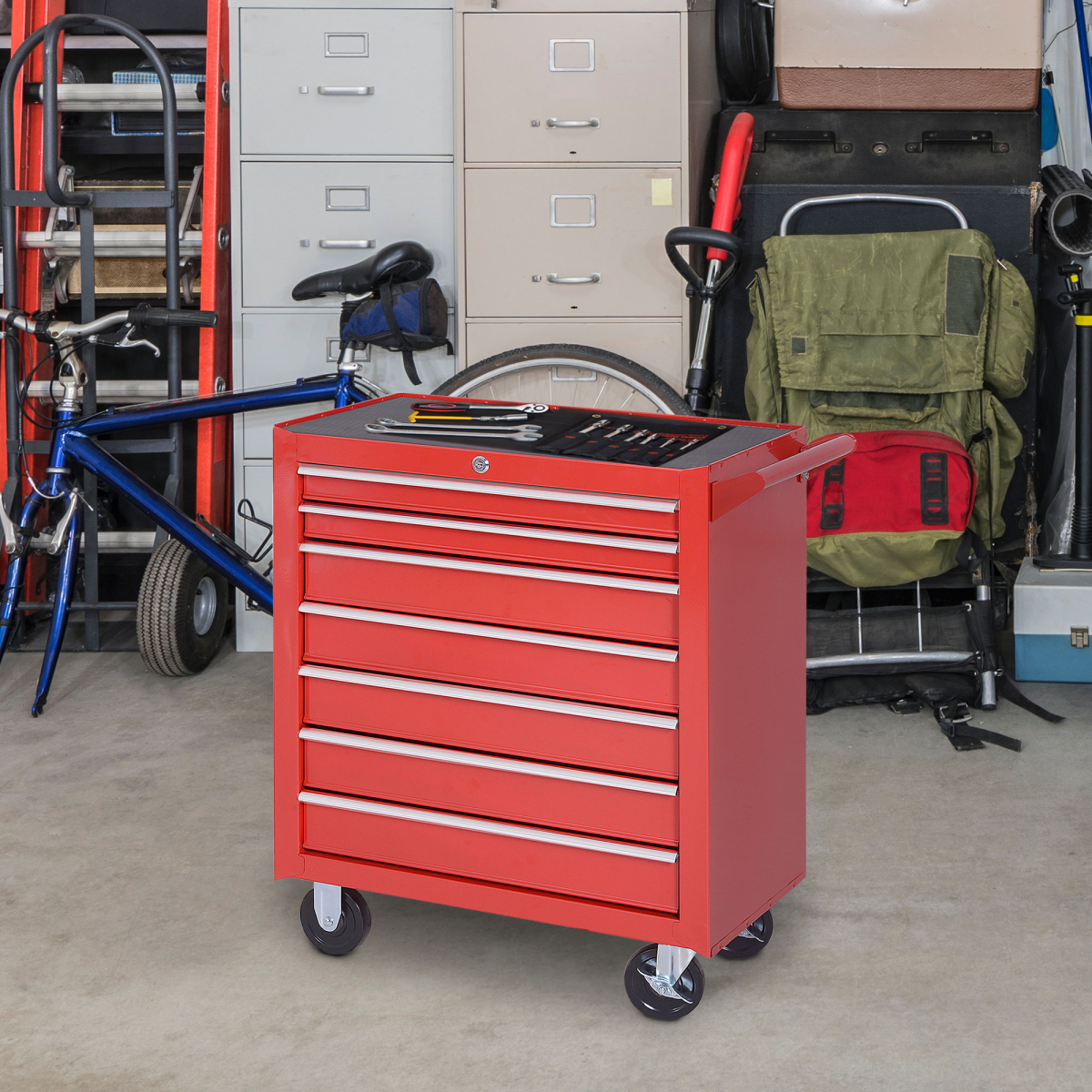 7-Drawer Rolling Tool Cabinet with Lock & Wheels – Red