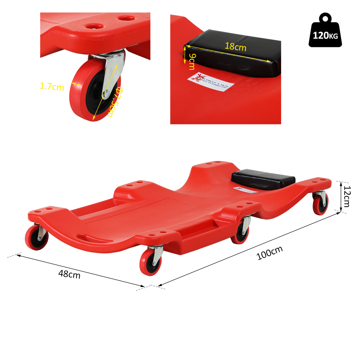 Mechanic's Rolling Car Creeper with Padded Headrest & 6 Wheels