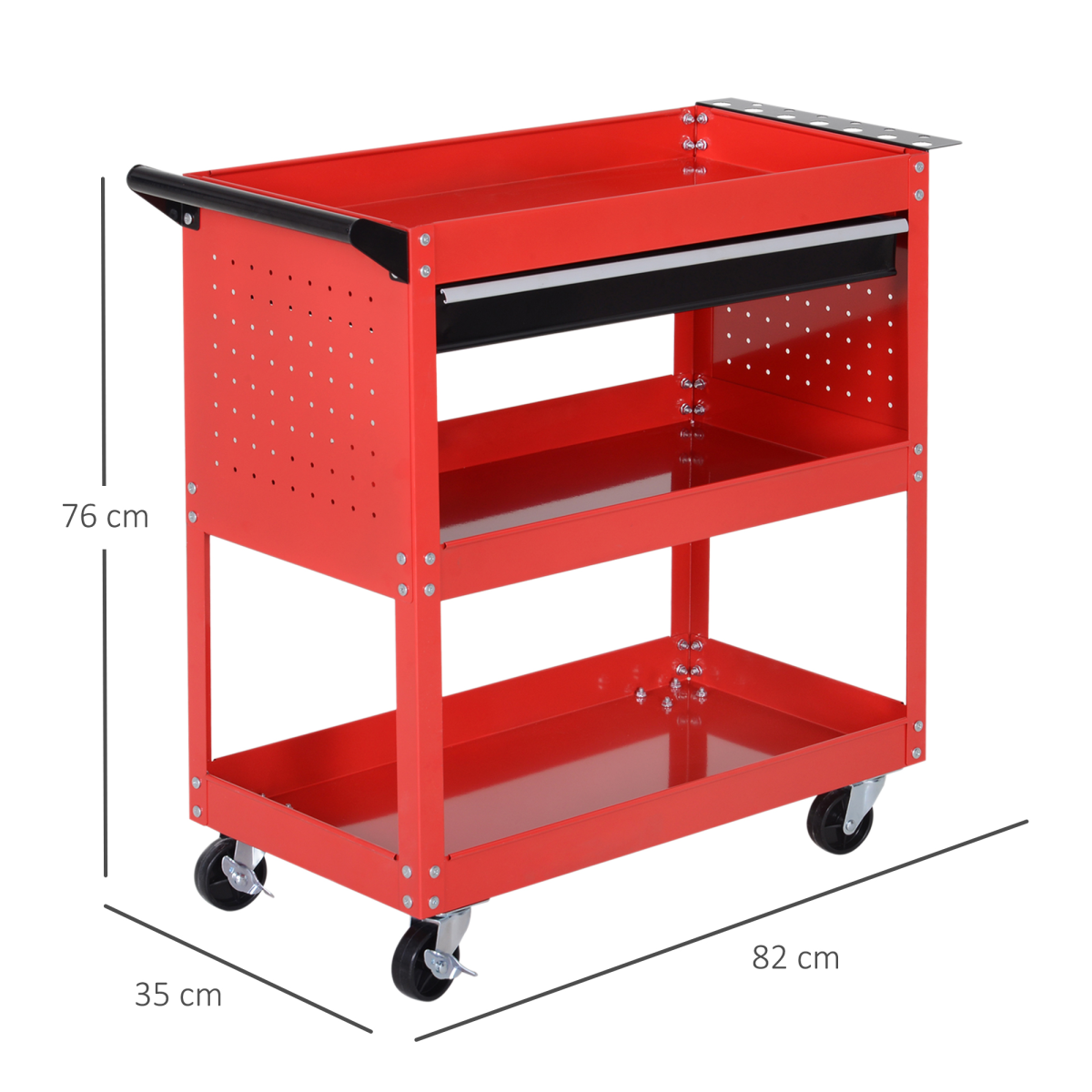 3-Tier Rolling Tool Trolley with Drawer & Lockable Wheels – Red