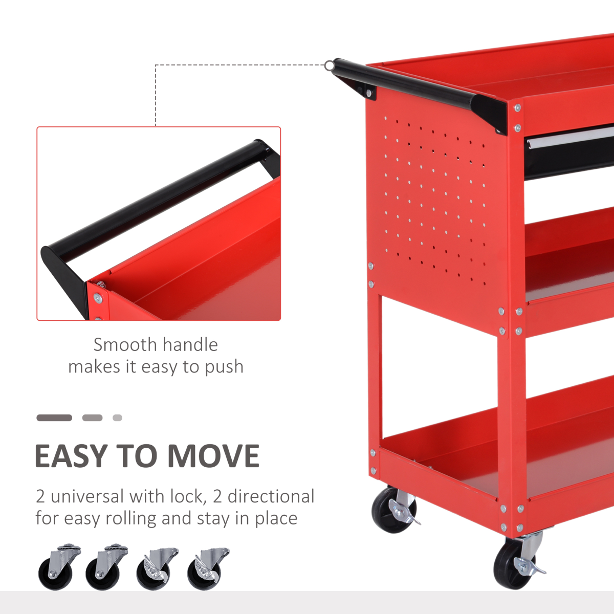 3-Tier Rolling Tool Trolley with Drawer & Lockable Wheels – Red