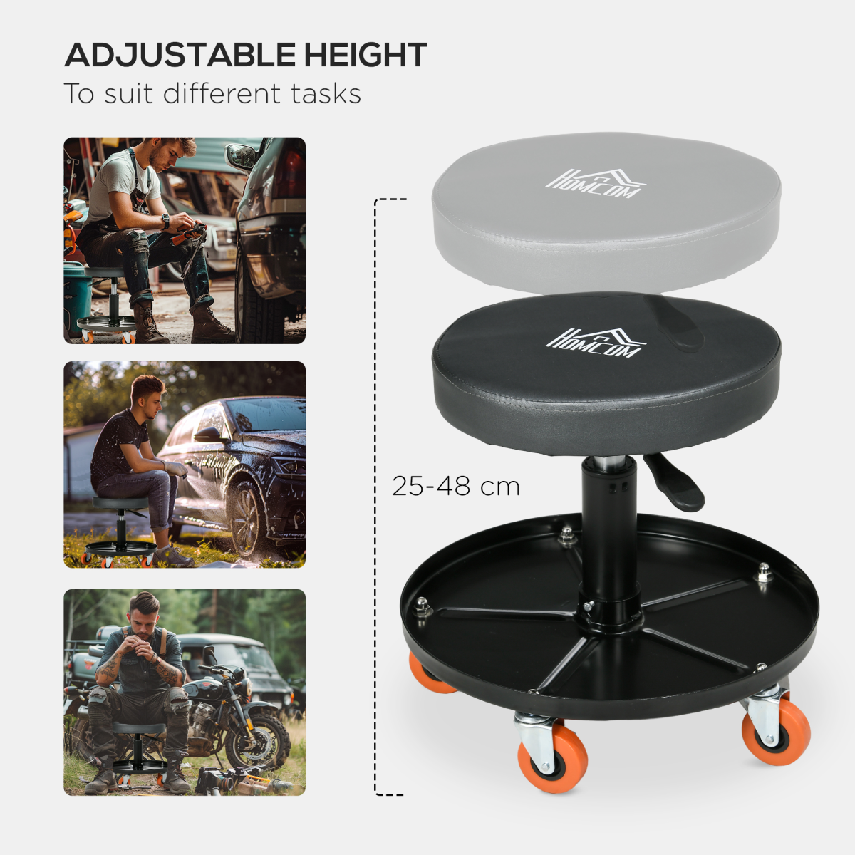 Adjustable Rolling Mechanic Stool with Tool Tray & Wheels