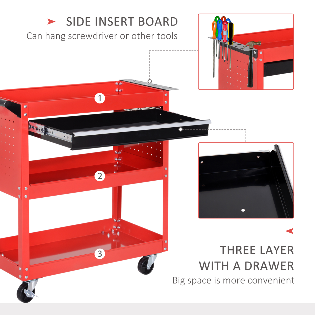 3-Tier Rolling Tool Trolley with Drawer & Lockable Wheels – Red