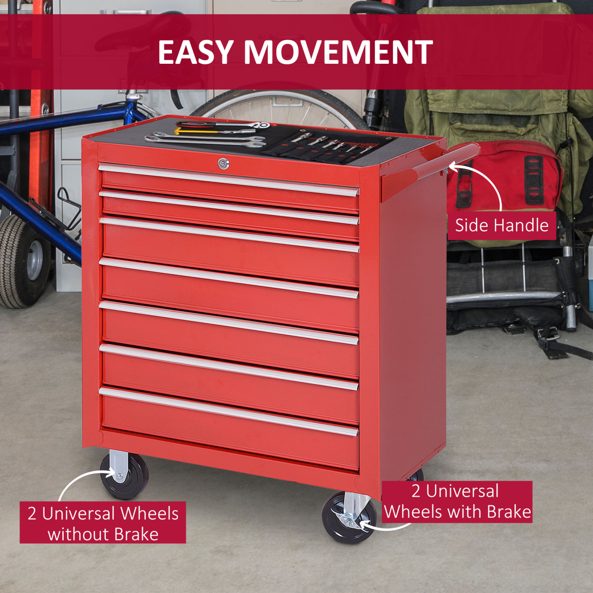7-Drawer Rolling Tool Cabinet with Lock & Wheels – Red