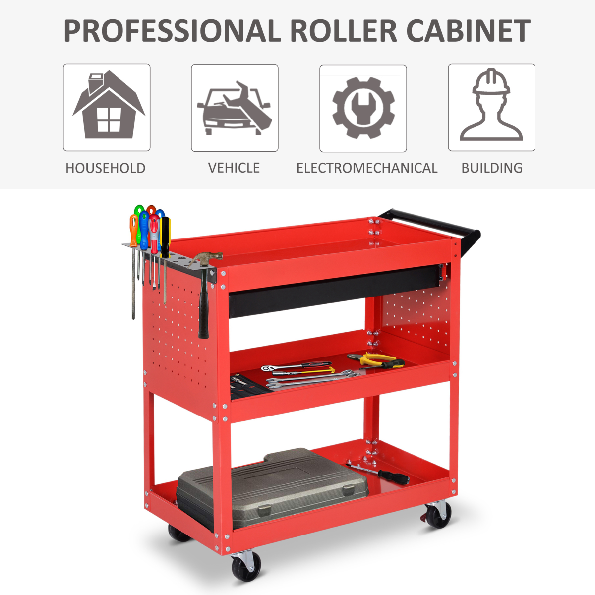 3-Tier Rolling Tool Trolley with Drawer & Lockable Wheels – Red
