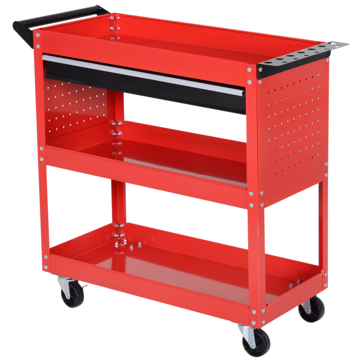 3-Tier Rolling Tool Trolley with Drawer & Lockable Wheels – Red
